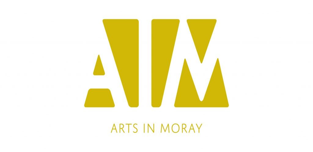 Arts in Moray (AIM) logo in yellow on a white background